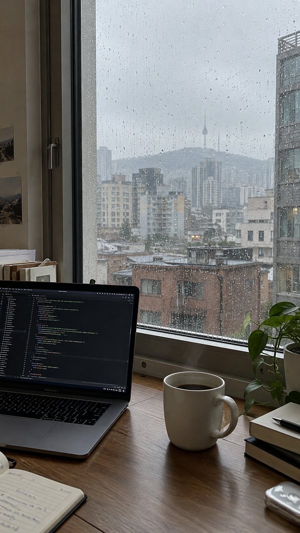 비 오는 서울 아침, 창가 책상 위 노트북과 커피잔 — Codex CLI, AI 생성
