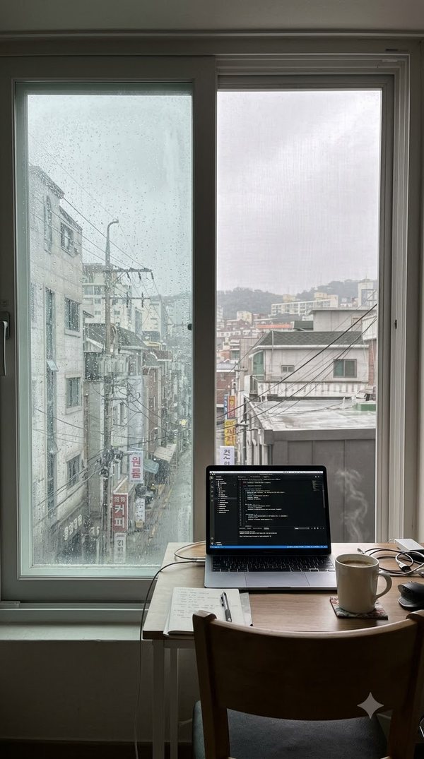 비 오는 서울 아침, 창가 책상 위 노트북과 커피잔 — Flow, AI 생성