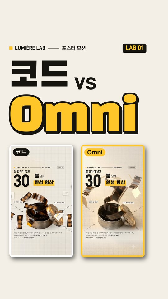 코드 vs Omni — 같은 포스터 두 판 나란히. 왼쪽 코드판, 오른쪽 Omni판