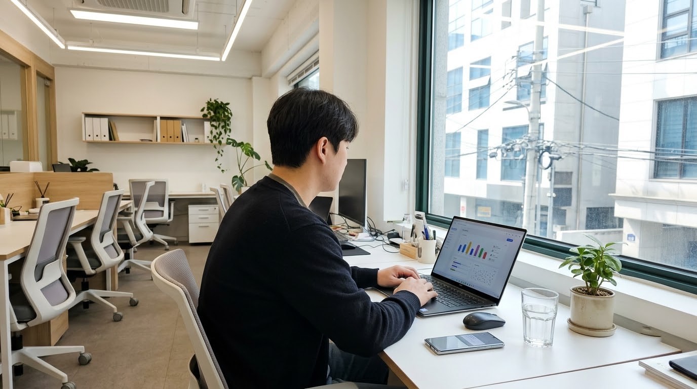밝은 사무실 창가 흰 책상에서 검은 니트를 입은 사람이 노트북 화면의 막대 그래프 대시보드를 보며 자판을 치고 있고, 옆에 스마트폰·물잔·작은 화분이 놓여 있음