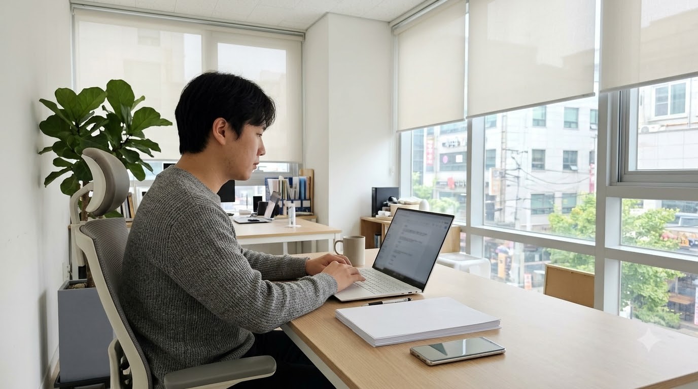 밝은 사무실 창가 책상에서 회색 니트를 입은 사람이 옆모습으로 노트북을 쓰고, 옆에 흰 종이 뭉치가 놓인 모습