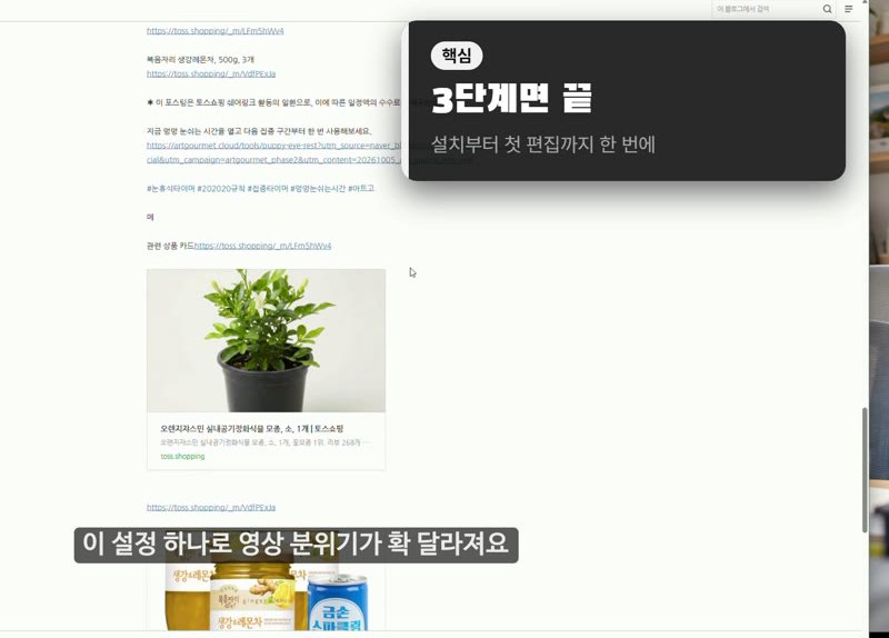 색 조합 E 모노 시네마 미리보기 — 화면 위 자막과 강조 카드